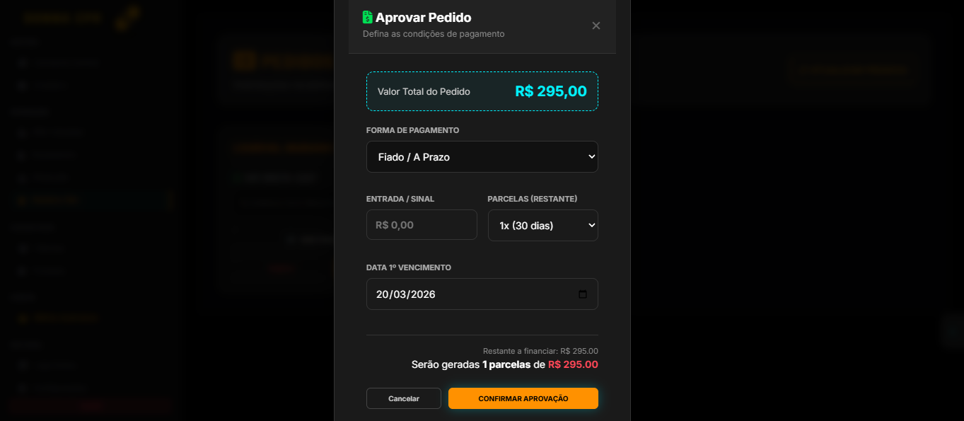 Modal de aprovacao de pedido no Donna ERP