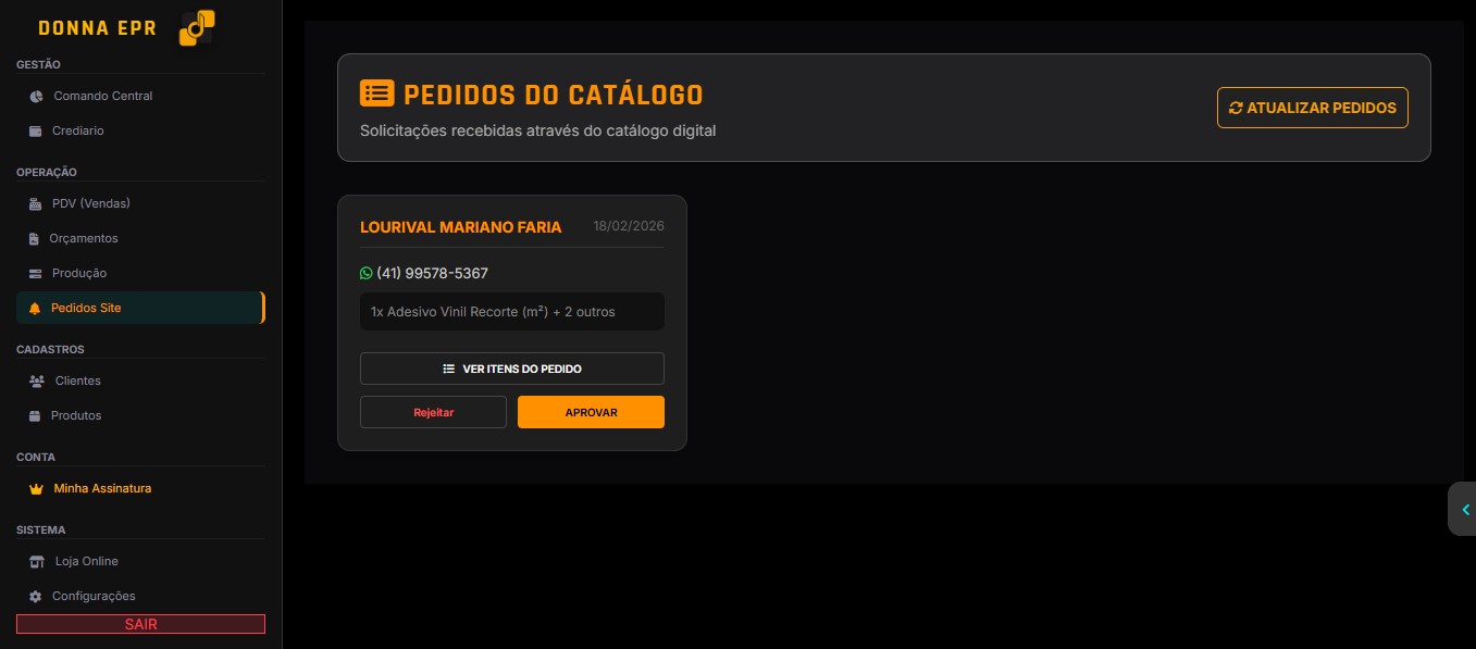 Tela de pedidos recebidos do catalogo no Donna ERP