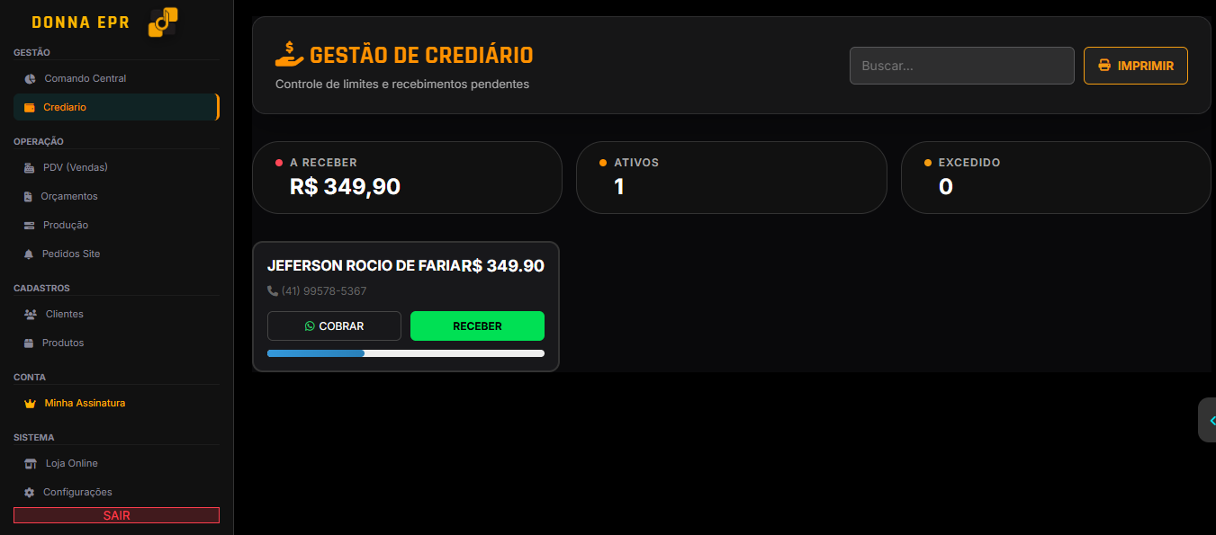 Tela de gestao de crediario do Donna ERP